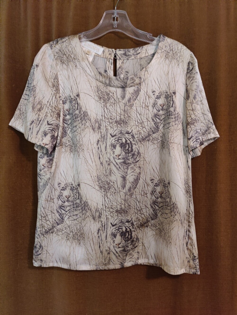 Safari Tigher Print Silk charmeuse Short Sleeve top by Escada, Size 42 US 10